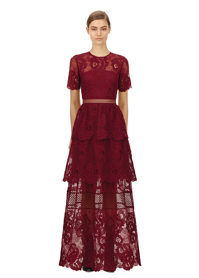 Berry Lace Guipure Tiered Maxi Dress - Berry