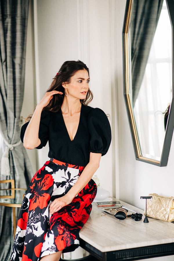 Floral Print Flared Skirt - Red Multi