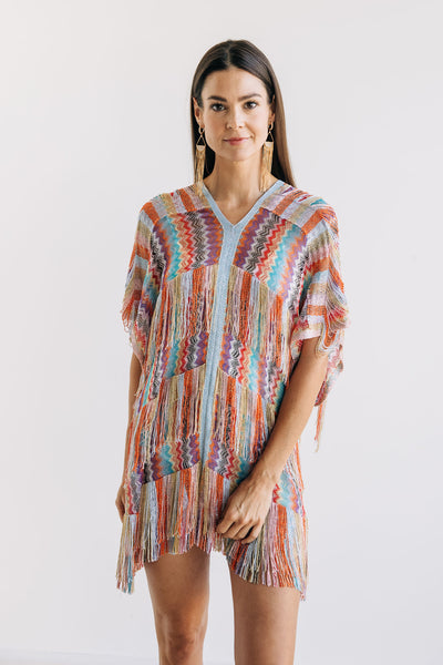 Layered Fringe Rainbow Chevron Poncho - One Size