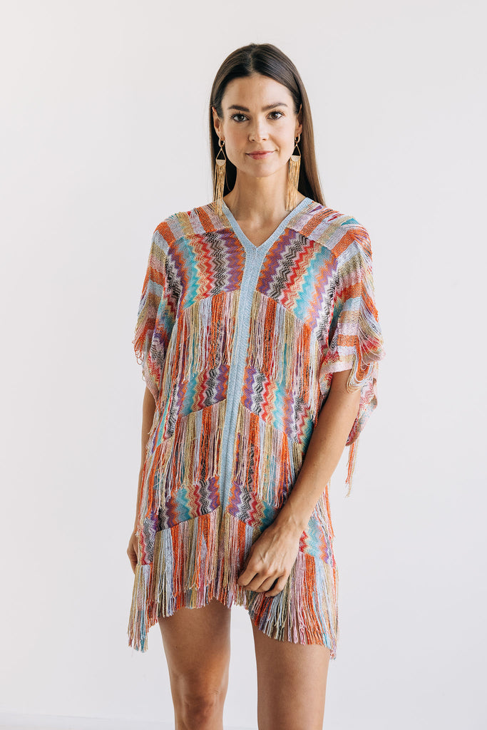 Layered Fringe Rainbow Chevron Poncho - One Size