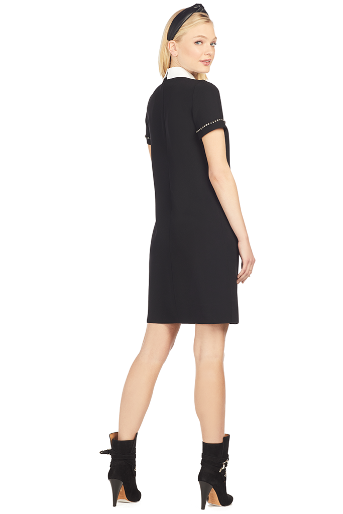 Crystal Embellished Point-Collar Shift Dress - Black