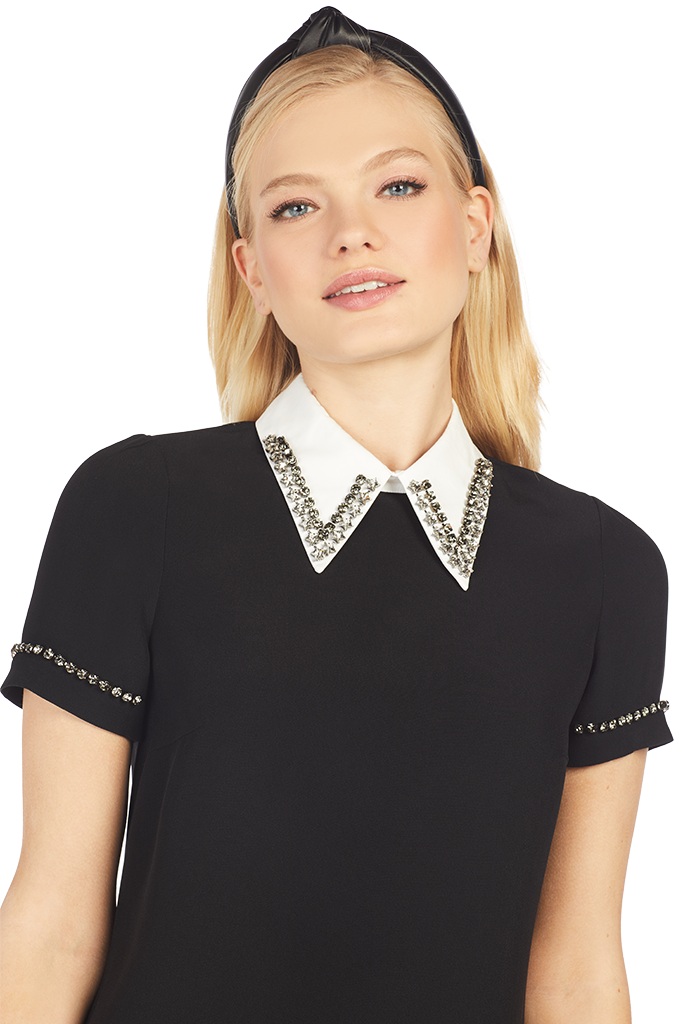 Crystal Embellished Point-Collar Shift Dress - Black