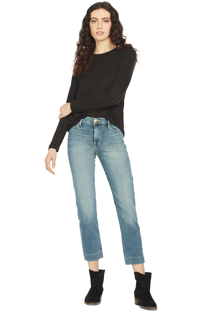 Vince Pencil Stripe Drop Shoulder Crew (Coastal/Olive Oil)